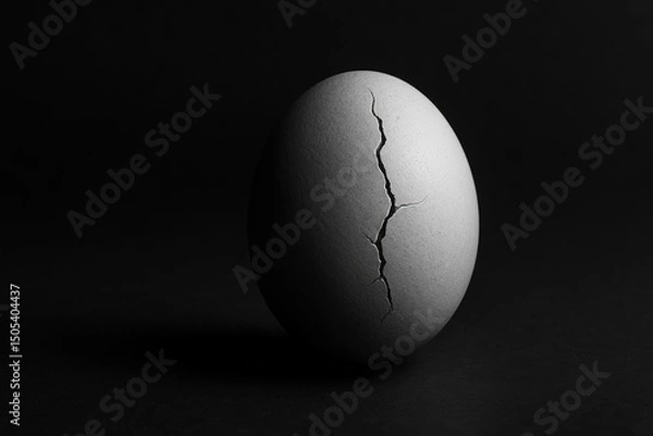 Fototapeta Cracked egg against black background symbolizing fragility and vulnerability