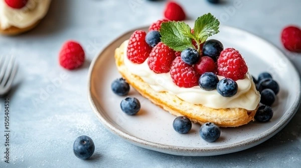 Fototapeta Eclair  with raspberry and blueberry and a leaf of mint on the white plate with various berries 