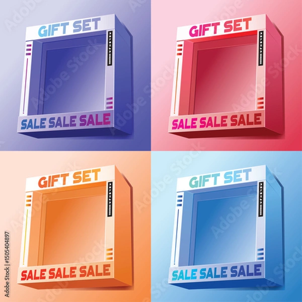 Obraz Colorful flat illustration of four empty gift set boxes in different color themes, labeled with bold “SALE” and “GIFT SET” text. Perfect for promotional design, packaging mockups, or sale-related grap