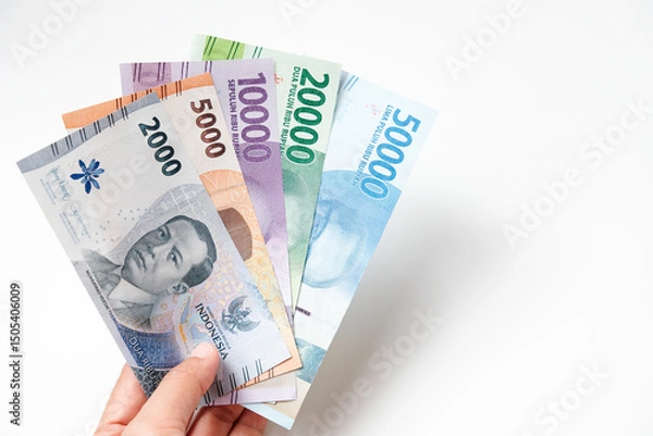Obraz Hand holding new Indonesian rupiah banknotes isolated on white background for THR on Eid al-Fitr or Lebaran days