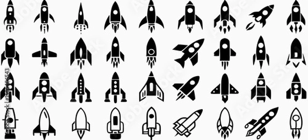 Fototapeta 30 Black Rocket Ship Icons; Startup, Space, Launch