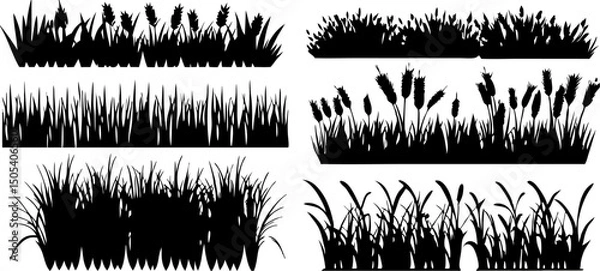 Fototapeta Silhouette Grass & Reeds Vector Set: Nature Border Illustrations