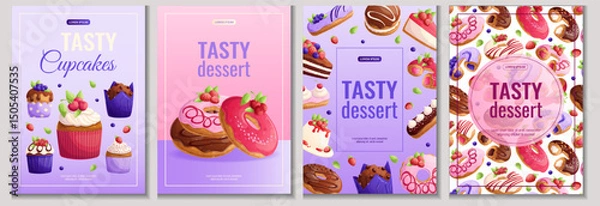 Obraz A set of flyers for desserts, confectionery, and cooking. A4 vector illustration for posters, banners and advertisements