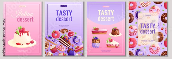 Obraz A set of flyers for desserts, confectionery, and cooking. A4 vector illustration for posters, banners and advertisements