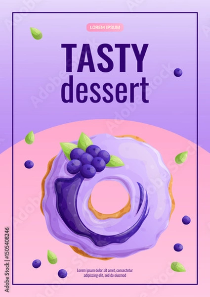 Obraz A bright design template for a delicious dessert flyer. Blueberry doughnut. The concept of confectionery, cooking, sweets. A4 vector illustration for posters, banners and advertisements