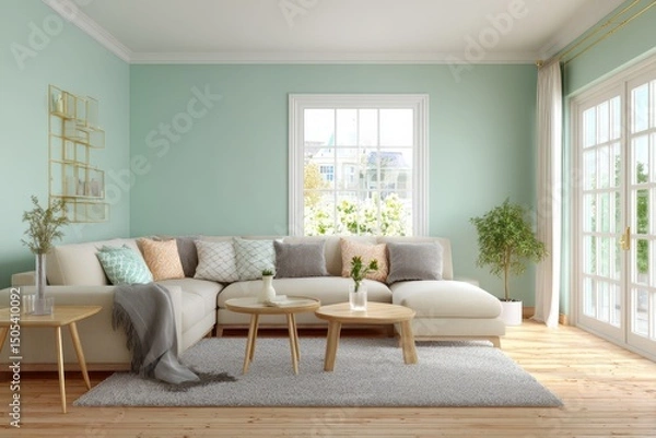 Fototapeta Light, airy living room with a sectional sofa and natural light.