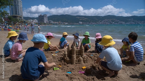Fototapeta Children playing in the sand at the beach