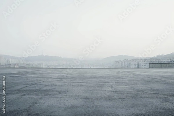 Fototapeta Empty rooftop parking lot overlooking a hazy cityscape.