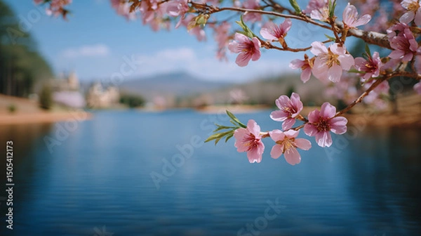 Obraz Photo of cherry blossoms in the park, with a blurred background and blue sky