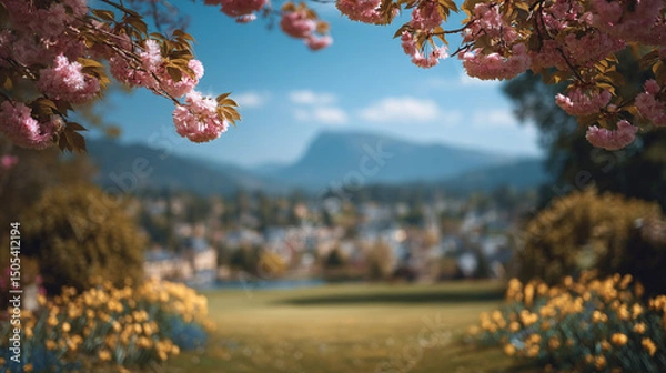 Obraz Photo of cherry blossoms in the park, with a blurred background and blue sky