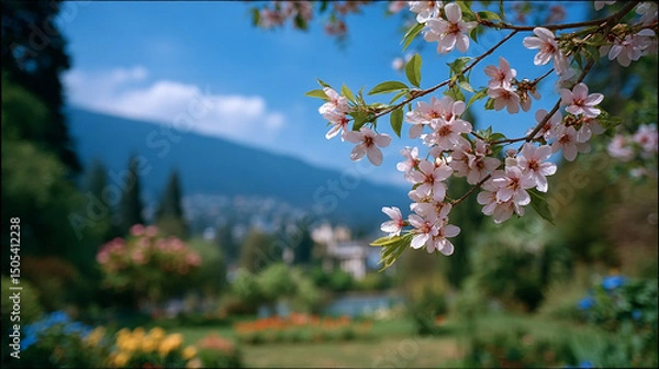 Obraz Photo of cherry blossoms in the park, with a blurred background and blue sky