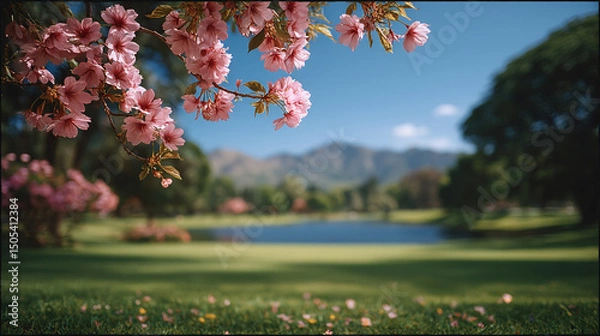 Obraz Photo of cherry blossoms in the park, with a blurred background and blue sky