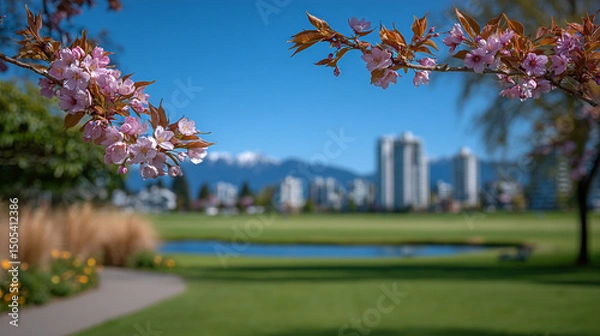 Obraz Photo of cherry blossoms in the park, with a blurred background and blue sky