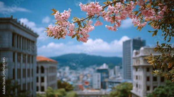 Obraz Photo of cherry blossoms in the park, with a blurred background and blue sky