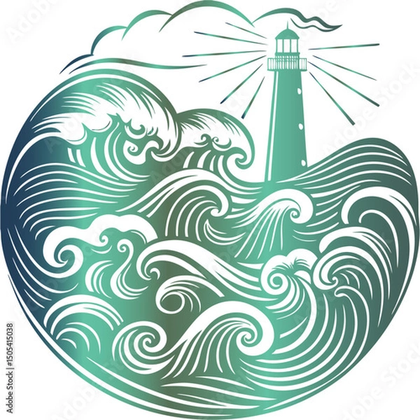 Obraz vector illustration of an abstract waves with a lighthouse with vector design and illustration