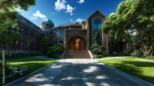 Fototapeta University or college campus building front view. High school educational institution yard with green trees and grass lawn. Classic city architecture summer landscape, Cartoon vector illustration