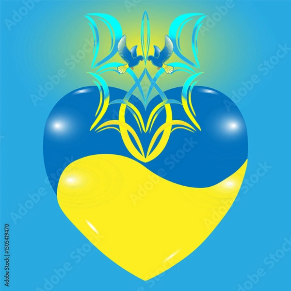 Fototapeta National symbols of Ukraine. Coat of arms of Ukraine with doves of peace on the background of yellow and blue heart. Vector illustration