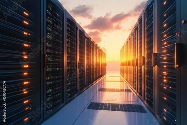 Fototapeta Modern data center with server racks illuminated by sunset