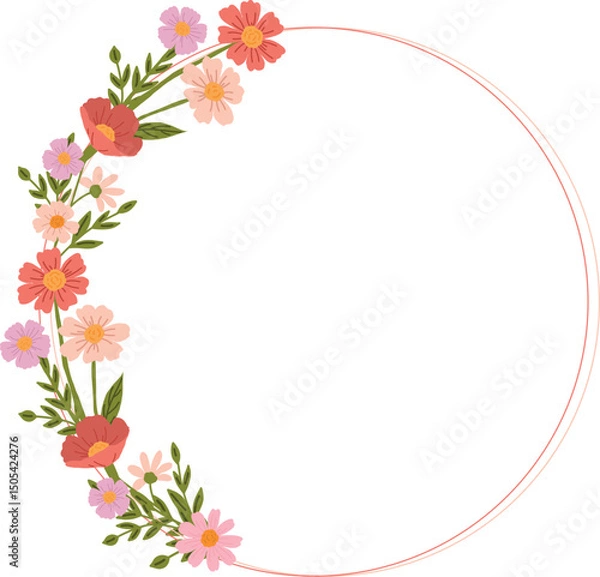 Fototapeta A hand-drawn floral illustration is a round frame with an empty space for text. It is ideal for decorating summer-themed goods and invitations.