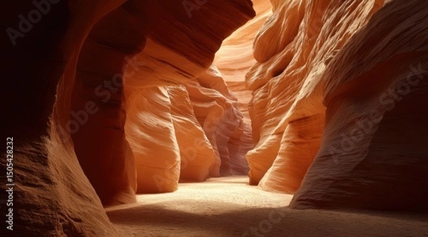 Obraz Sunlit sandstone canyon interior, showcasing smooth, sculpted walls and a sandy floor, with light streaming from the narrow opening