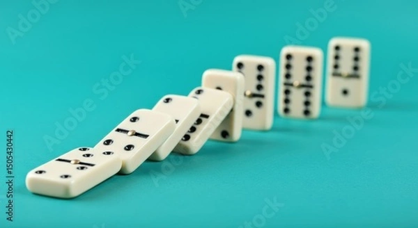 Fototapeta A line of dominoes falling in a chain reaction on a turquoise background