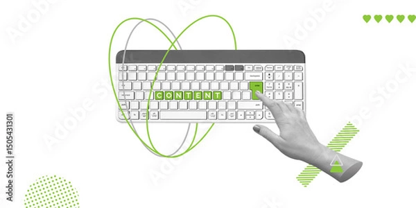 Fototapeta Blogging, content publishing, writing and creating visual stories on Internet. Hand presses green Enter key next to word Content on white keyboard. Minimalist art collage