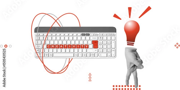 Fototapeta Creativity, Idea, Brainstorming, Creative thought and content flow concept. Red Creativity lettering on keyboard next to walking hand with light bulb - symbol of ideas. Minimalist art collage