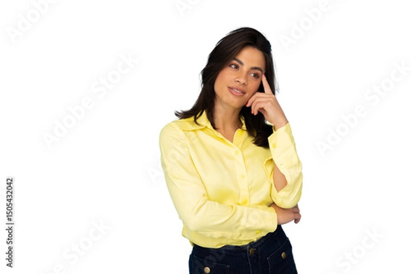 Fototapeta Businesswoman in yellow shirt pondering creative solution, touching forehead with index finger