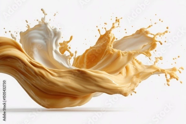Fototapeta Liquid caramel and milk splash on white background