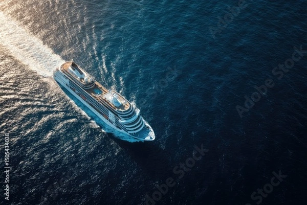 Fototapeta High-angle view of a large cruise ship sailing on a deep blue ocean, leaving a white wake behind it in the sunlight