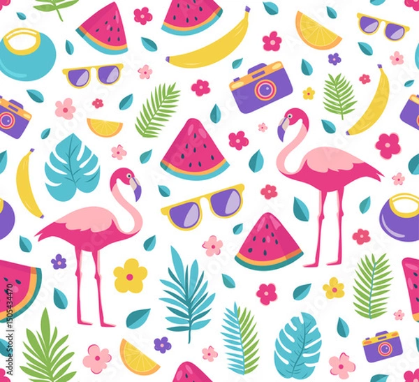 Fototapeta Seamless summer pattern with flamingos, tropical fruits, palm leaves, sunglasses, cameras and flowers. Bright vector design in flat style. Perfect for summer prints and backgrounds