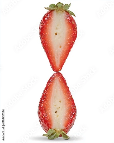 Fototapeta Isolated on white background, halved strawberries positioned into an infinity loop pattern, elegant and symbolic arrangement, vivid red tones, soft natural shadow, advertising quality