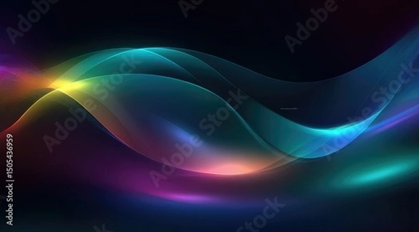Fototapeta Abstract artwork featuring vibrant, flowing, translucent waves of teal, blue, purple, and yellow light against a dark background.  The waves create a sense of movement and energy