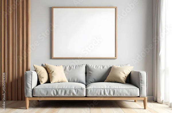 Fototapeta One wooden frame mockup on the wall in the room, mockups, living room with grey sofa, beige pillow, empty mockups for pictures in the living room, white empty space for picture on the wall