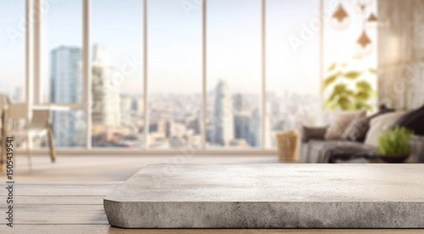 Fototapeta A light grey, rough-textured stone countertop dominates the foreground, sharply in focus, against a blurred backdrop of a modern living room with expansive city views through large windows.  