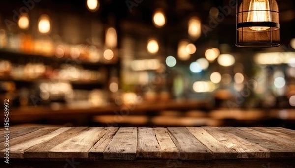 Fototapeta Rustic wooden table in a dimly lit bar; blurred background shows shelves, bottles, and warm lighting; inviting and atmospheric