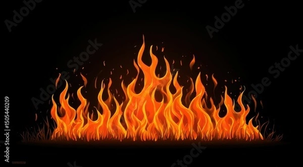 Fototapeta A vibrant, horizontal depiction of intense orange and yellow flames against a stark black background, seemingly emerging from low-lying vegetation or ground cover.  