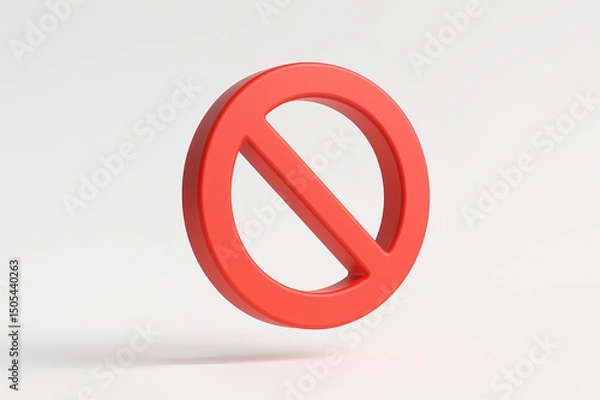 Fototapeta A simple red 3d prohibition sign with a diagonal line on a white background in a studio shot