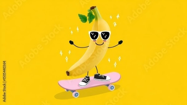 Fototapeta Cool banana on pink skateboard with sunglasses and sneakers on yellow background