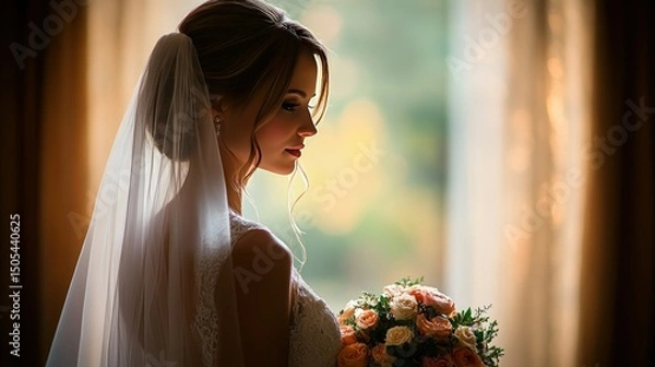 Obraz Elegant bride profile wedding bouquet