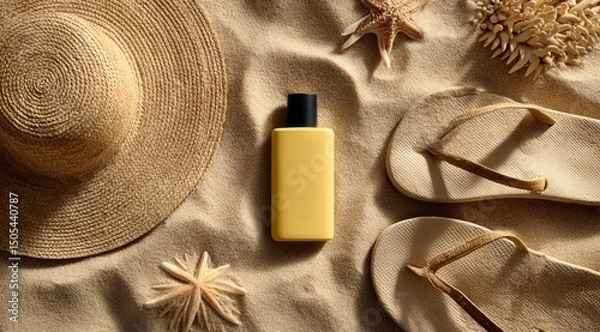 Fototapeta Flatlay of sunhat, flip-flops, yellow bottle, and seashells on sandy beach.  Soft light casts shadows. Summery and relaxing scene