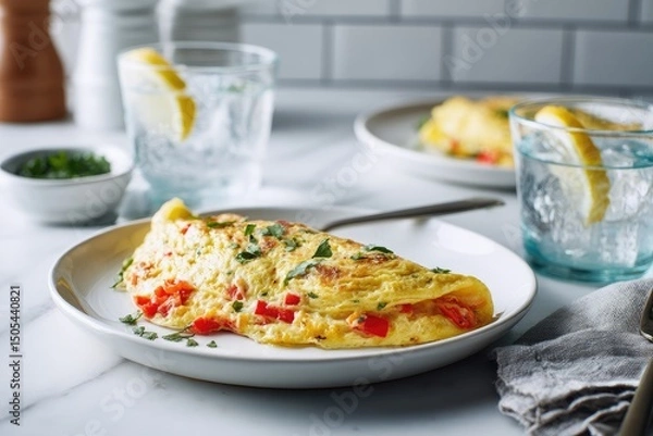 Fototapeta A fluffy, golden omelet filled with red peppers and herbs rests on a plate, garnished with fresh parsley.  