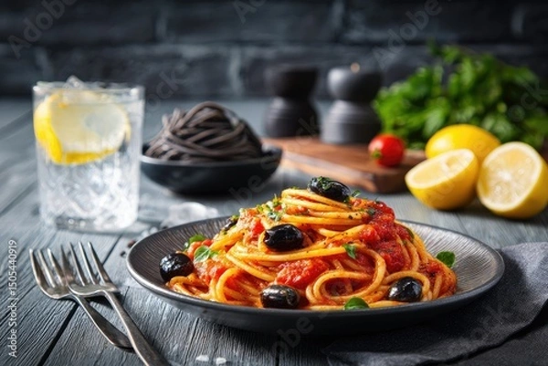 Fototapeta A plate of spaghetti with a rich tomato sauce, Kalamata olives, and fresh herbs sits on a dark wood table, accompanied by a glass of water, lemon wedges, and a bowl of uncooked black spaghetti