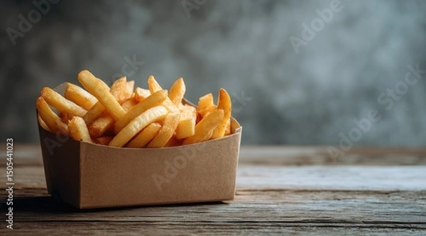 Fototapeta Golden french fries overflowing from a light brown cardboard container sit on a rustic wooden surface against a dark, textured backdrop
