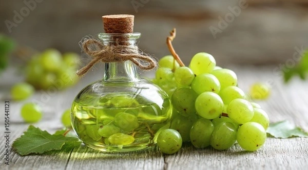 Fototapeta A clear glass bottle with a cork stopper, tied with twine, contains light green grape seed oil.  Green grapes and leaves rest beside it on a rustic wooden surface