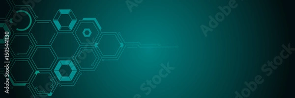 Fototapeta Hexagon pattern with circuit-like connections. Dense hex cluster  for cyber design, fintech dashboards, or secure communication interfaces. Copy space