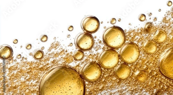 Fototapeta Amber oil droplets of varying sizes cluster and float on a white background, creating a textured, bubbly effect.  Smaller droplets are dispersed throughout, suggesting movement and fluidity