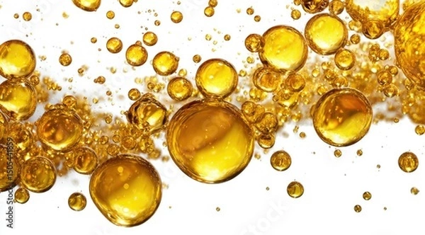 Fototapeta Golden oil droplets suspended in a clear liquid, varying in size and exhibiting a glistening, translucent quality against a stark white background