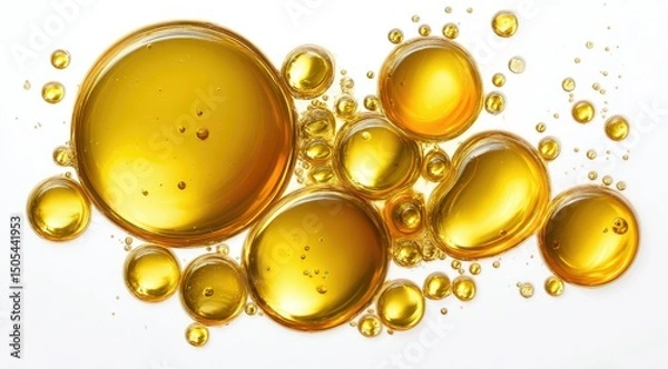 Fototapeta Golden oil droplets of varying sizes, suspended in a clear liquid against a white backdrop, exhibiting a glossy, translucent quality