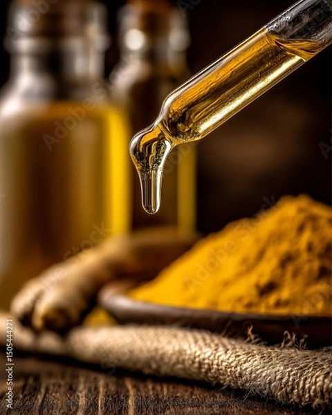 Obraz Isolated on white background, golden yellow serum drop from a glass dropper with blurred turmeric root and turmeric powder spread artistically behind, natural remedy focus with warm lighting